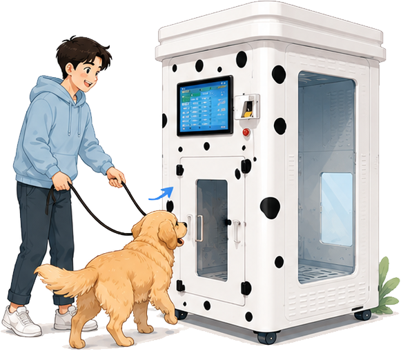 Owner guides their dog into the Drezen wash cabin