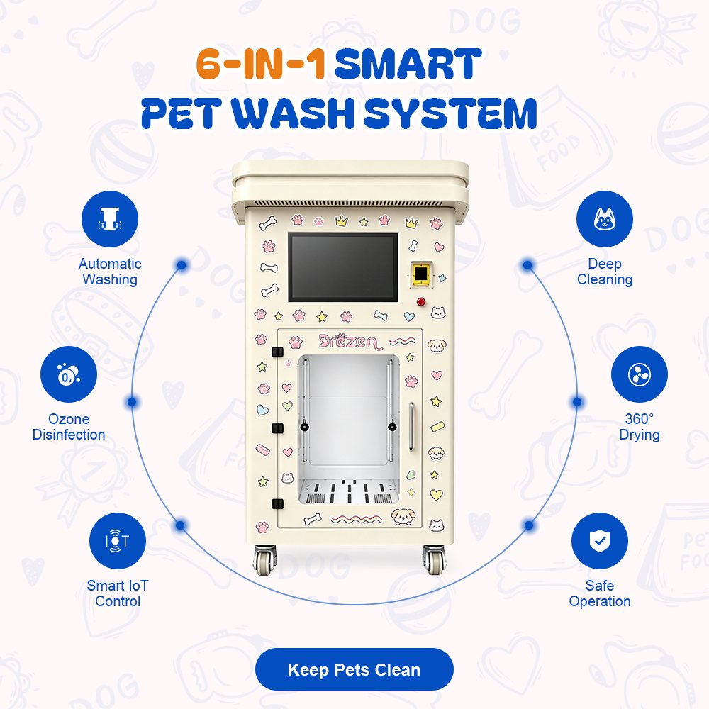 The Drezen 6-in-1 smart pet wash system: washing, shampoo, rinsing, ozone care, drying and disinfection in one cabin