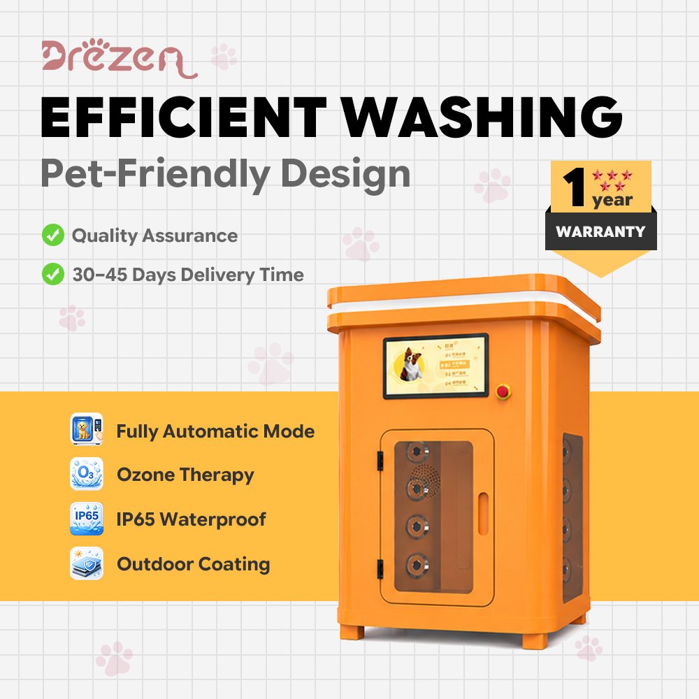 Drezen FA-2025A fully automatic dog wash cabin running an efficient hands-free wash cycle