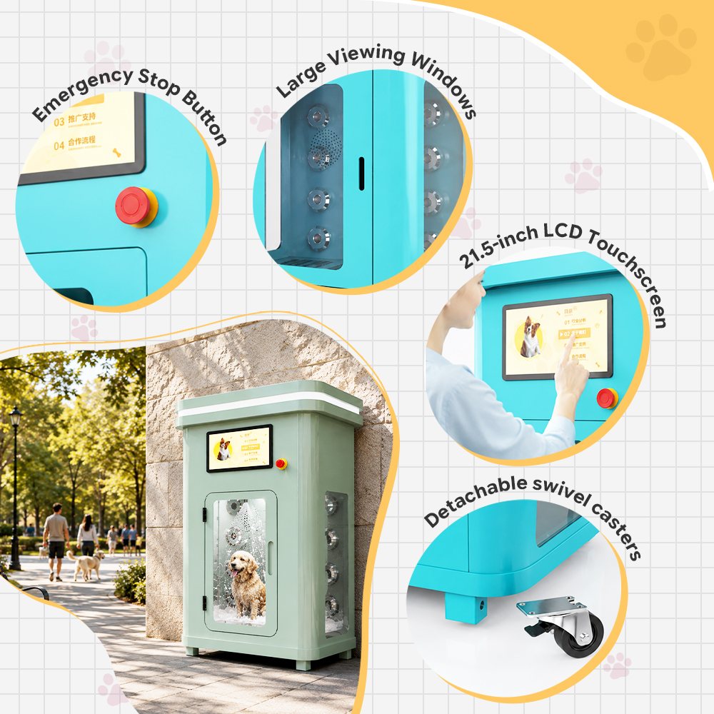 Key features of the Drezen FA-2025A fully automatic dog wash cabin, including the 4-sided viewing window and 30 drying fans