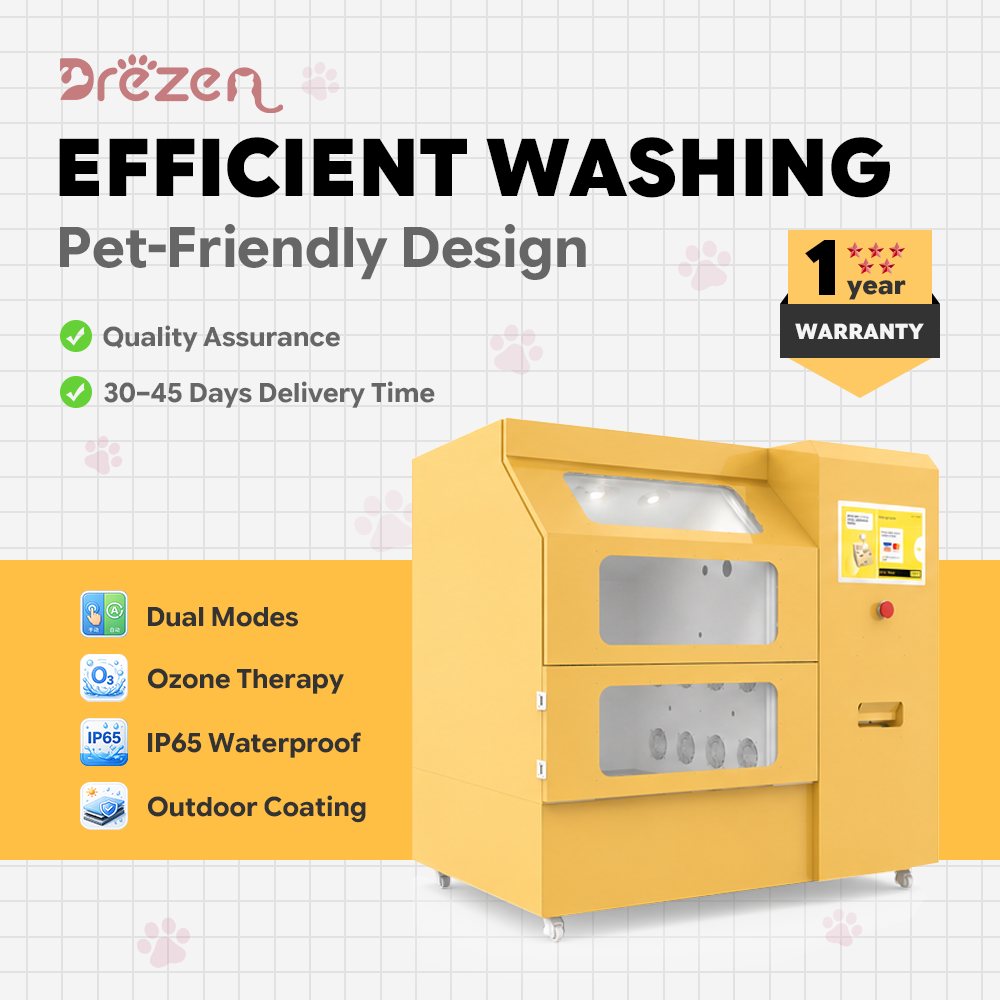 Drezen SE-2025A automatic dog wash cabin running an efficient one-key wash cycle