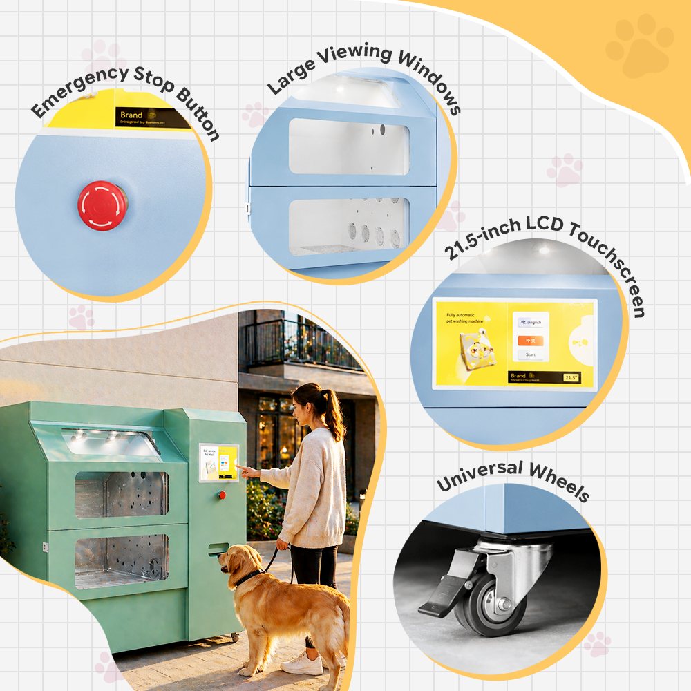 Key features of the Drezen SE-2025A dual-mode dog wash cabin, including the 21.5 inch touch screen and five shampoo dispensers